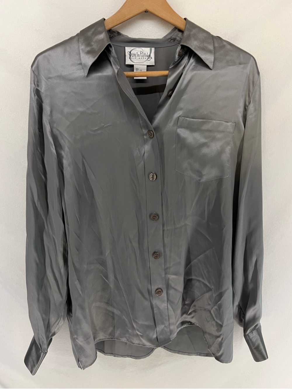 Vintage Diane Von Furstenberg Silk Silver Gray Button Up Blouse Size S